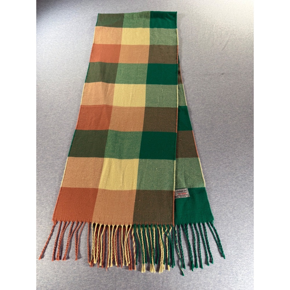 Italy Design Cashmere Feel Plaid Scarf Green Orange Check Fringed Wrap